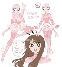 two girls with long hair and spider - man costumes, one in pink is looking at the