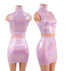 "2PC set includes crop top and bodycon skirt This holo is so shiny and adorable! The skirt is 16\" long, and the top measures 8\" from underarm to hemline. Wear them together as a set, or separately!  This 2PC set is perfect for a Winx-inspired cosplay/costume! This item is made to order. Ships out within 5 days of purchase. Womens Sizing (See below for instructions on where measurements should be taken) XXS: Bust 29\"-30\" / Waist 22\"-23\" / Hips 30\"-32\" Extra Small: Bust 31\"-32\" / Waist 2 Pink And Purple Rave Outfit, Purple Mermaid Top, Iridescent Outfit Holographic Fashion, Holographic Two Piece Set, Lilac Crop Top, Holographic Top, Turtle Neck Crop Top, Neck Crop Top, Body Con Skirt