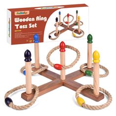 the wooden ring toss set is in its box