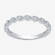 Featuring a unique braided design, this stackable wedding band is a beautiful option for a great value. It's adorned with round-cut Lab-Grown Diamonds in a pav� Sterling Silver setting. Ring Style: Bands, Wedding Bands, Stackable Rings, Vintage RingsFeatures: StackableDiamond Clarity: I1Setting: PaveStone Cut: RoundDiamond Color: H-IMetal Color: WhiteRounded Carat Weight: 1/10 Ct. T.w.Care: Wipe CleanStone Type: 11 Lab Grown DiamondAuthenticity: Lab Grown DiamondMetal: Sterling SilverCountry of Stackable White Gold Bands For Anniversary, White Gold Eternity Band With Decorative Detail, White Gold Diamond Ring With Decorative Band For Promise, Adjustable Stackable Rings With Modern Twist For Wedding, Modern Twist Adjustable Stackable Wedding Rings, Adjustable Stackable Rings With A Modern Twist For Weddings, Modern Twist Adjustable Stackable Rings For Weddings, White Gold Decorative Eternity Band For Promise Ring, Adjustable White Gold Stackable Rings With Diamond Accents