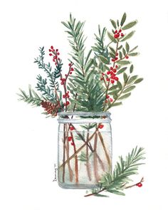 a watercolor painting of red berries and green branches in a mason jar