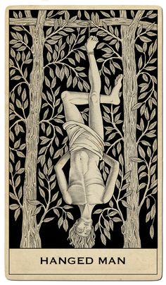 the hanged man tarot card is shown in black and white, with an illustration of a woman hanging from a tree