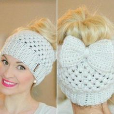 a woman wearing a white crocheted headband with a bow