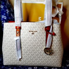 Mk Acorn/Vanilla Should Bag. Super Spacious And Classy Adjustable Handles And Crossbody Strap. Nwt Cream Shopping Bag With Logo, Cream Bags With Logo For Shopping, Cream Shoulder Bag With Logo For Shopping, White Monogram Bag For Everyday Use, White Monogram Tote Bag, Vanilla Logo, Color Block Handbags, Michael Kors Bag Black, Orange Handbag