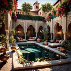 an outdoor swimming pool surrounded by potted plants and flowers in front of a building