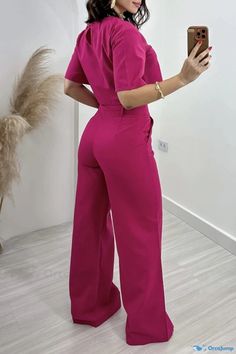 OrcaJump - British-Inspired Casual Solid Tone Two-Piece Set with Classic O-Neck and Short Sleeves Pink V-neck Workwear Set, Pink V-neck Set For Work, Pink Short Sleeve Sets For Workwear, Pink V-neck Jumpsuits For Work, Y2k Skirts, Pants Streetwear, High Waist Wide Leg Pants, Short Sleeve Crop Top, Pants Suit