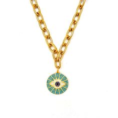 Handcrafted one-of-a-kind necklace, stunning vintage textured link chain, a gorgeous pavé crystal and turquoise round evil eye pendant, known for its protective qualities these eye pendants are classic but yet super stylish. A symbol of good luck, wear yours as an everyday staple. Evil eye is believed that the evil eye curse can occur when someone gives a glare with negative intentions, such as jealousy or anger. Wearing an evil eye charm is said to protect you and prevent the evil eye curse fro Turquoise Evil Eye Amulet Necklace, Turquoise Evil Eye Amulet Jewelry, Turquoise Evil Eye Round Pendant Jewelry, Round Evil Eye, Turquoise Eyes, Vintage Texture, Eye Pendant, Evil Eye Pendant, Evil Eye Charm