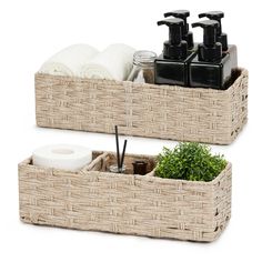 two baskets with soaps, toiletries and other items in them on a white background