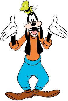 goofy from the cartoon show, person with his hands up and two fingers in the air