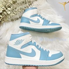 Jordan 1 Mid Unc Price Firm Color: Sail/Worn Blue-Sail Style Code: Bq6472-141 Authentic - Proof Of Purchase In Photos If Unsure Of Fit, I Suggest Comparing International Sizing With Your Personal Sneakers * *Sale Is Final Especially If Security Tags Are Tampered Or Removed** Cute Jordan 1s, Jordan 1 Mid Unc, Womens Nike Shoes, Casual Shoes Women Sneakers, Sneakers Sale, Pretty Sneakers, Nike Shoes Air Force, Preppy Shoes, Jordan Shoes Retro