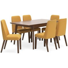 a wooden table with yellow chairs around it