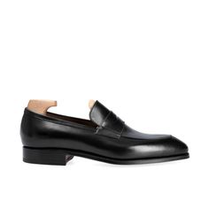 PENNY LOAFERS IN BLACK Timeless Black Slip-on Loafers, Luxury Black Slip-on Oxfords, Black Cap Toe Loafers With Rubber Sole, Classic Formal Loafers With Branded Heel Counter, Black Almond Toe Loafers With Leather Sole, Black Plain Toe Loafers With Rubber Heel Cap, Elegant Loafers With Round Toe And Rubber Heel Cap, Black Slip-on Loafers With Cap Toe, Black Slip-on Cap Toe Loafers