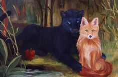 two black bears and an orange fox in the woods