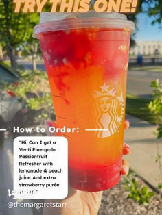 someone holding up a cup with red liquid in it that says, try this one how to order?