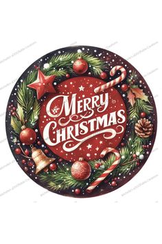 a merry christmas sign with pine cones, holly branches and bells on it's side