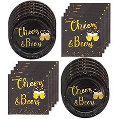 black and gold paper plates with cheers and beers on them