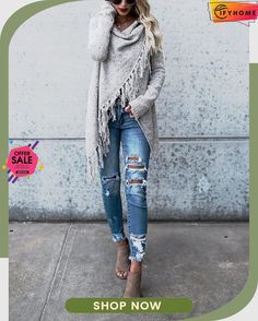 Tassel Long Cardigan Casual Fall Sweater With Frayed Hem, Winter Outerwear With Tassels And Long Sleeves, Winter Long Sleeve Outerwear With Tassels, Spring Fringe Long Sleeve Cardigan, Spring Long Sleeve Fringe Cardigan, Chic Fringe Cardigan, Chic Long Sleeve Fringe Cardigan, Chic Fall Outerwear With Tassels, Cozy Long Sleeve Outerwear With Fringe