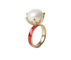 Pearl and Rojo Ring Elegant Red Enamel Ring, Classic Red Enamel Jewelry, Elegant Red Pearl Ring For Anniversary, Red Enamel Elegant Rings, Pearl Set, Pearl Ring, Gold Plated Sterling Silver, Fresh Water, Freshwater Pearls