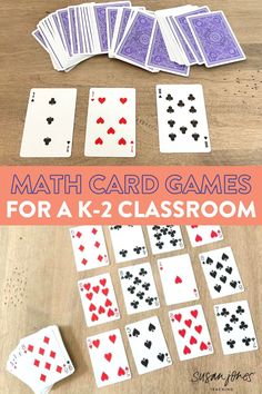 the math card game for k - 2 classroom is shown with cards and dices