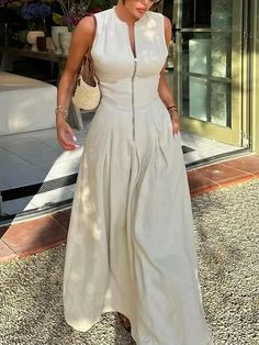 Vacation Sleeveless Linen Maxi Dress With Pockets Slim Dresses, Robes Glamour, Style Maxi Dress, Robes D'occasion, Sleeveless Outfit, Cotton Linen Dresses, Sleeveless Long Dress, Khaki Dress, Long Summer Dresses