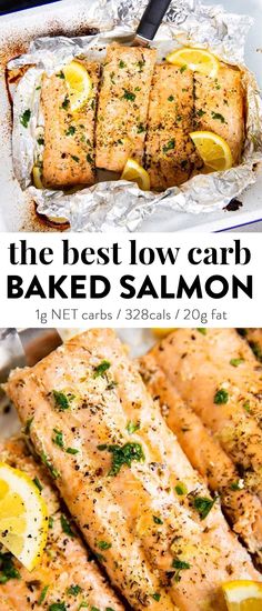 the best low carb baked salmon recipe with lemons and parsley on top