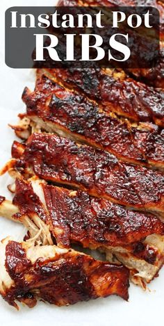 bbq ribs with text overlay that says instant pot ribs on white paper background