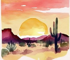 watercolor painting of desert scene with cactus and sun