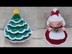 two crocheted christmas trees sitting next to each other