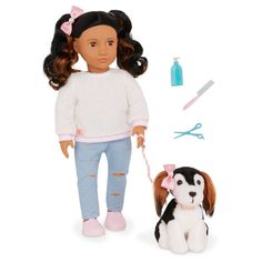 a doll and her dog are shown in this image