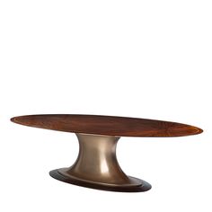 an oval wooden table with metal base on a white background in the style of art deco