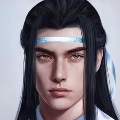 a man with long black hair wearing a white shirt and blue ribbon around his head