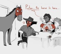 three people sitting at a table with a horse in front of them and one person wearing a mask