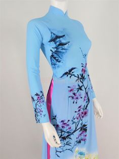 Áo Dài Lụa Giản Màu Xanh In Hoa | Blue Ao Dai Vietnamese Lụa mềm có độ giản. Blue Ao Dai For Summer, Fitted Blue Ao Dai For Summer, Summer Fitted Blue Ao Dai, Fitted Light Blue Ao Dai For Spring, Blue Fitted Long Sleeve Ao Dai, Ao Dai Vietnamese, Neck Dress, High Neck Dress, High Neck