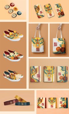 several different images of shoes and bags with the same design on them, all in different colors