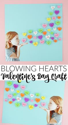 two pictures with hearts attached to them and the words blowing hearts valentine's day craft