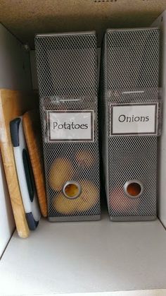 two bins that have food in them on top of a shelf next to each other