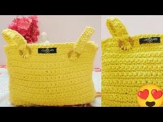 crocheted purse with ears on the inside and in the outside, two pictures side by side