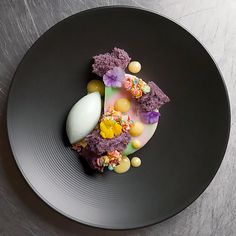 a plate that has some kind of food on it with eggs and sprinkles