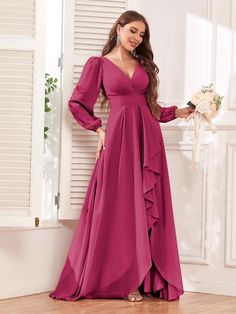 Long Sleeve Chiffon Dress With Ruffles, Flowy Long Sleeve Chiffon Dress For Formal Events, Solid Long Sleeve Dresses For Wedding Guests, V-neck Chiffon Dress With Ruffles For Prom, V-neck Ruffled Chiffon Prom Dress, Long Sleeve Chiffon Dress With Ruched Details, Long Sleeve Chiffon Dress For Wedding, Elegant Long Sleeve Chiffon Dress With Ruffles, Flowy Long Sleeve Chiffon Dress For Wedding Guest