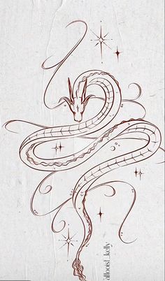 a drawing of a snake with stars on it's head and the tail curled up