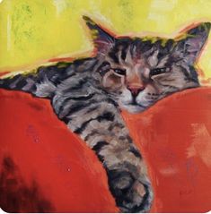 a painting of a cat laying on top of a red couch next to a yellow wall