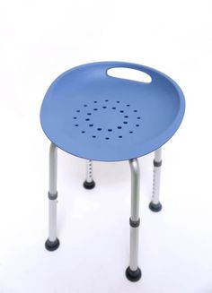 a blue plastic stool with metal legs and holes on the bottom, sitting against a white background