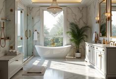 a large bathroom with marble floors and walls