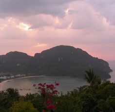 the sun is setting over an island with mountains in the background and pink flowers on the foreground