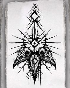 a black and white drawing of a skull with spikes on it's head in the shape of a star