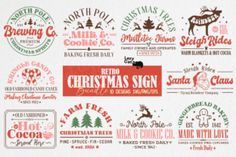 retro christmas signs and badges are displayed