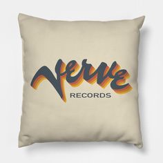 a square pillow with the word verve records printed on it in blue, orange and yellow