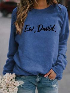 Ew David Letter Print Simple Style Crew Neck Women'S Sweatshirt Casual Name Print Sweatshirt For Winter, Casual Winter Sweatshirt With Name Print, Casual Long Sleeve Sweatshirt With Name Print, Winter Crew Neck Sweatshirt With Name Print, Casual Crew Sweatshirt With Name Print, Winter Sweatshirt With Name Print In Relaxed Fit, Winter Long Sleeve Sweatshirt With Name Print, Winter Name Print Relaxed Fit Sweatshirt, Casual Crew Neck Sweater With Name Print