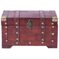 an old wooden trunk with brass studs on the top and bottom, sitting against a white background