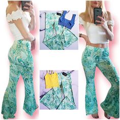 New With Tag Paisley Print Bell Bottom Pants In Green Multi Add Some Fresh Flare To Your Style And You'll Be Shining Bright! From Dancing The Festivals Night And Day To Chilling At Home And Lounging Away, These Flare Leggings Are An Everyday Must. Let Your Inner 60s Boho Goddess Out To Play. Features High Waisted Flared Legging Stretch Fit Multicolored Paisley Print With A Mix Of Green, Teal, Turquoise, White, And Yellow Sizes Available S, M, L 95% Polyester 5% Spandex Boutique Brand Time After Fitted Matching Set Bottoms For Spring, Summer White Bottoms With Paisley Print, Casual White Bottoms With Paisley Print, White Casual Bottoms With Paisley Print, Fitted Pants Matching Set For Summer, Fitted Bottoms With Paisley Print For Spring, Fitted Paisley Print Bottoms For Spring, Stretch Paisley Print Bottoms For Summer, High Waist Fitted Bottoms With Matching Set